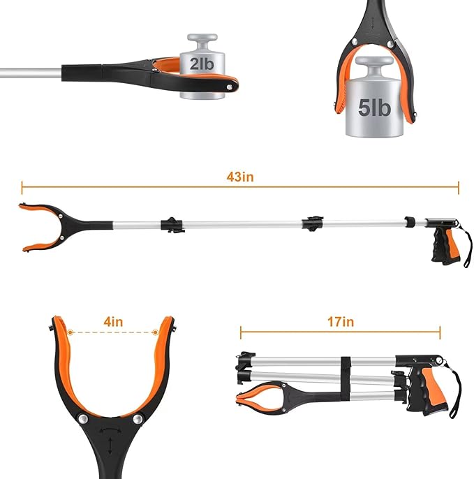 43" Extra Long Grabber Tool, Foldable Grabbers for Elderly Grab It Reaching Tool with Rotating Jaw +Magnets, 4" Wide Claw Opening Reacher Grabber Pickup Tool, Grabber Reacher Tool Heavy Duty