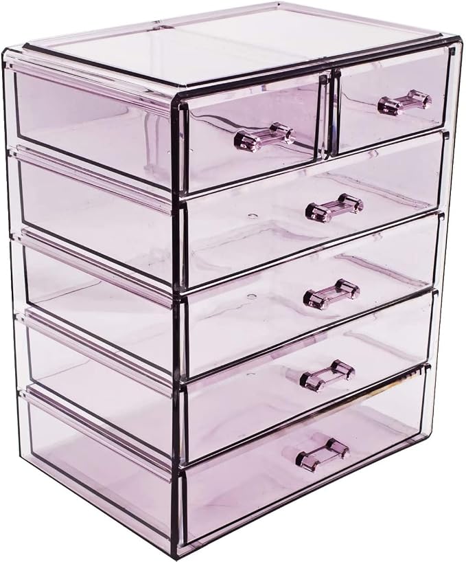 Sorbus Acrylic Makeup Organizer Set, 6-Drawer Vanity & Countertop Cosmetic Storage with Small & Wide Drawers, Purple Makeup Storage for Brushes, Lipsticks, Jewelry – Holiday Gift for Women & Teens