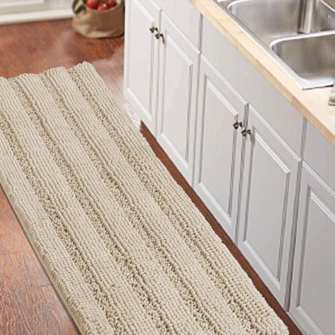 Turquoize Bathroom Runner Area Chenille Rug Oversize Non-Slip Shag Kitchen Shower Bath Mat Extra Long Fog Striped Washable for Bathroom, Size 59" x 20", Fog