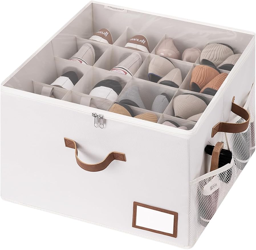 StorageWorks Shoe Organizer for Closet, Shoe Storage Bins with Clear Lid, Fabric Shoe Boxes with Side Mesh Pockets, Closet and Storage Bins for Slippers and Flats, Holds Up to 16 Pairs, Beige