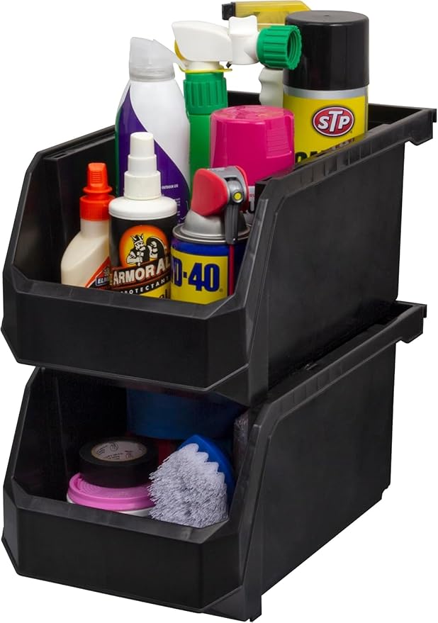 ReadySpace Large Plastic Storage Bins, Stackable Organizer Containers for Closet Pantry Shelf Garage and Office Organization, Black, 6 Pack