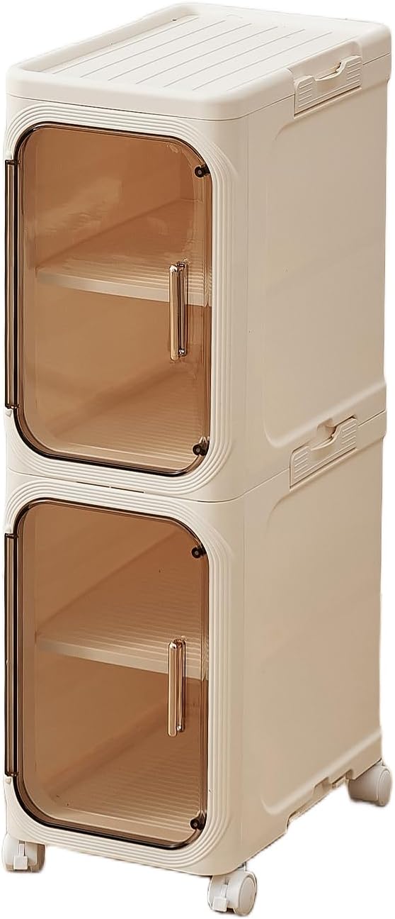 UFORU 2-Tier Narrow Storage Cabinet with Magnetic Doors and Shelves, Plastic Slim Bathroom Organizers and Storage with Wheels for Small Spaces Bathroom, Kitchen, Cream White