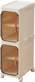 UFORU 2-Tier Narrow Storage Cabinet with Magnetic Doors and Shelves, Plastic Slim Bathroom Organizers and Storage with Wheels for Small Spaces Bathroom, Kitchen, Cream White