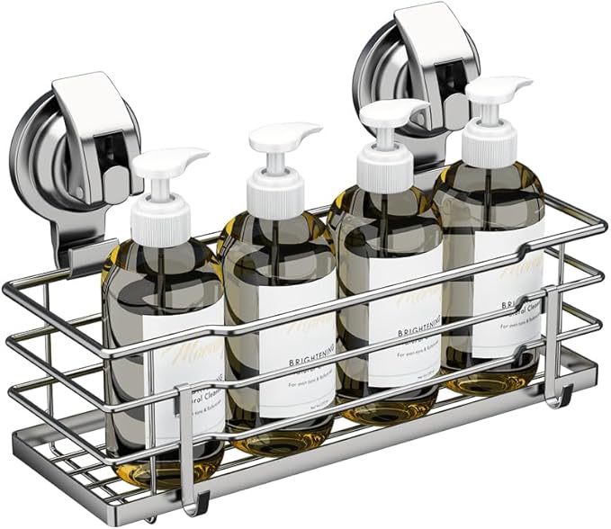 TESOT Suction Cup Shower Caddy, Shower Shelf Soap Dish with Hooks for Razor, Sponge, Rust Proof 304 Stainless Steel, Silver