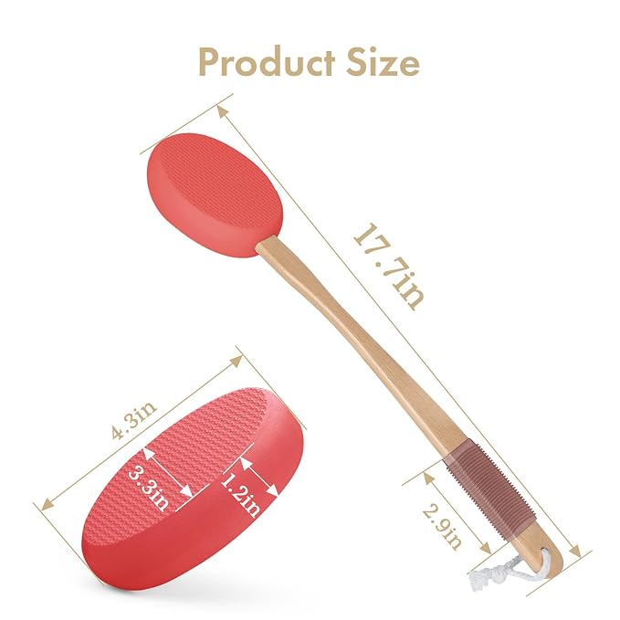 AmazerBath Lotion Applicator for Back, Feet, 4 Replacement Pads with 17" Curved Handle, Back Sunscreen Applicator for Kids, Elderly, Women, Apply Skin Cream Medicine Moisturizer Tanner, Rose Red