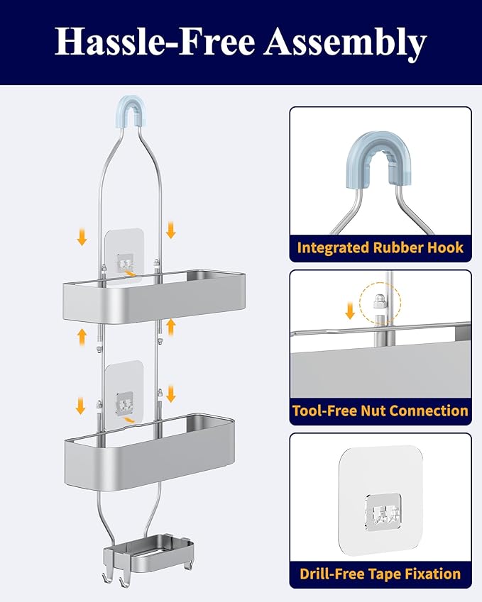 Kitsure Shower Caddy Hanging - No-Drill Bathroom Organizers and Storage, Wobble-Free Bathroom Shelves with Adhesive Tapes, Rust-Proof Shower Storage for Toiletries, Silver, 28.5" H