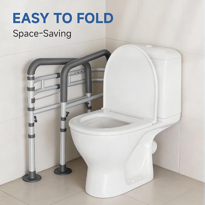 Loyoda Toilet Safety Rail for Seniors, 11.7lbs Steel, Rock-Solid Stability | Height & Width Adjustable,Foldable,Padded Armrests,Wide Non-slip Foot Pads,350 lb Capacity for Pregnant Women & Disabled,Gray