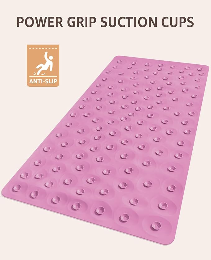 Bligli Bathtub Mat Non Slip, 16x40 inch Extra Long Bath Tub Mat with Strong Suction Cups, Soft Rubber Bathroom Floor Mat, Machine Washable, 100% BPA Free (Pink)