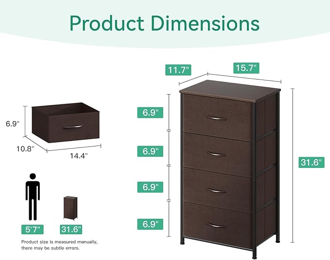 AODK Dresser for Bedroom with 4 Storage Drawers, Small Dressers Chest of Drawers Fabric Dressers with Sturdy Steel Frame, Dresser for Closet with Wood Top, Brown