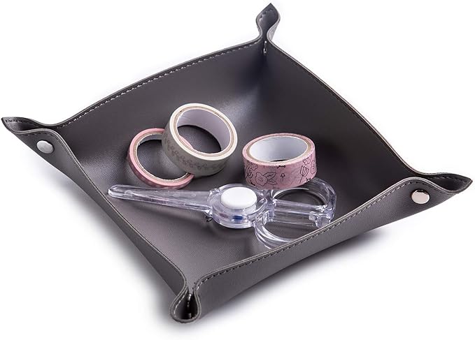 Leather Jewelry Valet Tray for Women and Man, Portable Entryway Table Tray Bedside Nightstand Desk Tray Small Catchall Travel Dish Plate for Key,Wallet,Watch,Coin (Deep Grey-B)