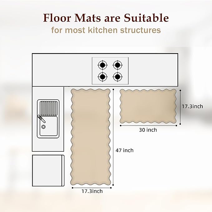 Arenarug Scalloped Kitchen Mats for Floor 2PC Cushioned Anti Fatigue Kitchen Mats Rugs Waterproof Non Slip Farmhouse Boho Floral Comfort Foam Standing Mat for Sink Laundry, White