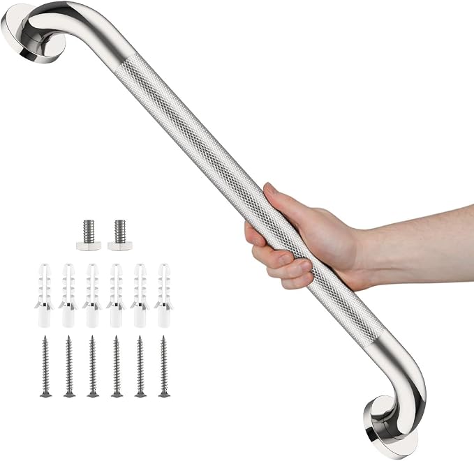 Chrome Bathroom Grab Bars 24 Inch, iHansee Anti Slip Grab Bar w/Knurled Grip, Stainless Steel Safety Handle for Bathtub, Wall Mounted Balance Support Handrail, Handicap Shower Bars for Senior Elderly