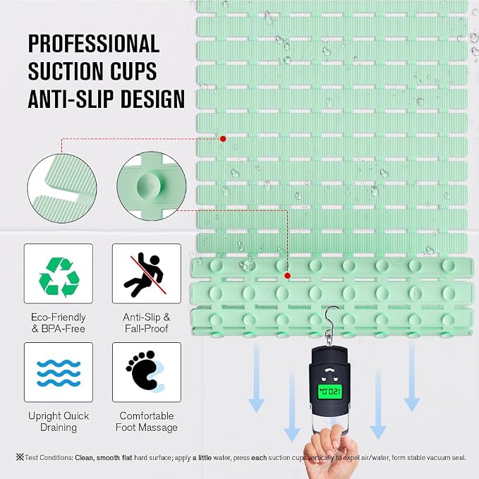 MBOSS Bath Tub Shower Mat Non Slip Bathtub Mats for Bathroom Shower Floor Mat Bath Mats for Shower Tub Anti Slip Shower Mat with Drain Hole and Large Suction Cups (Mint Green, 27.5 X 15.7 Inch)