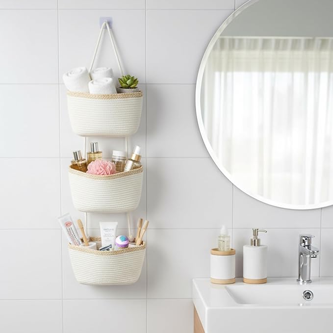 TeoKJ Over the Door Hanging Basket, 3-Tier Woven Cotton Wall-Mounted Storage Organizer Bag Decorative Hanging Nursery Baskets, White & Light Brown