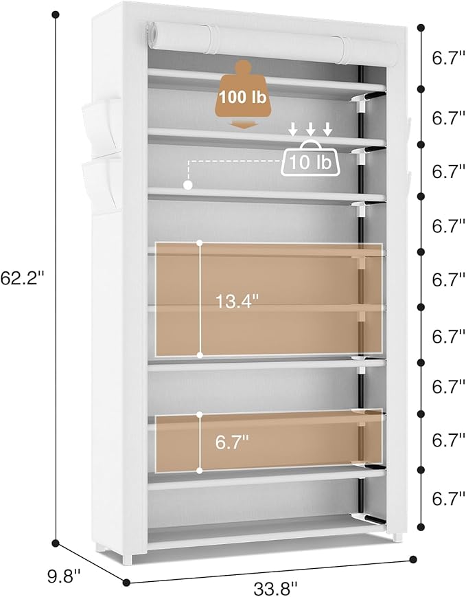 LANTEFUL Shoe Rack with Covers 10 Tier Tall Shoe Rack Organizer Large Capacity Shoe Shelf Storage 40 Pairs Space Saving Free Standing Shoe Storage Organizer for Closet, Entryway, Dorm, White