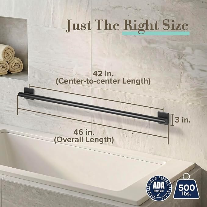 Gatco 948MX Elevate 42" L Grab Bar, Matte Black/ADA Compliant Stainless Steel Safety Grab Bar for Bathroom