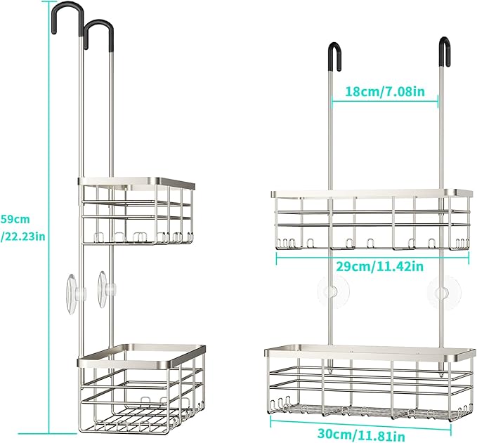 HapiRm Hanging Shower Caddy Organizer - No Drilling Shower Organizer with Hooks, Rustproof & Waterproof 304 Stainless Steel Bathroom Shelves - Brushed Nickel