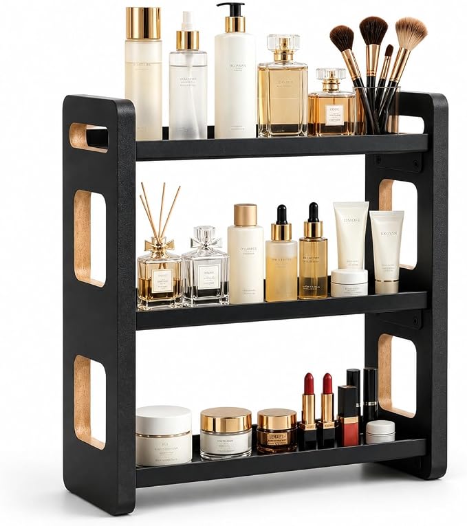 3-Tier Black Bathroom Countertop Organizers and Storage, Vanity Bathroom Sink Organizer Shelf for Skin Care Makeup Cologne and Perfume, Kitchen Countertop Spice Rack Organizer
