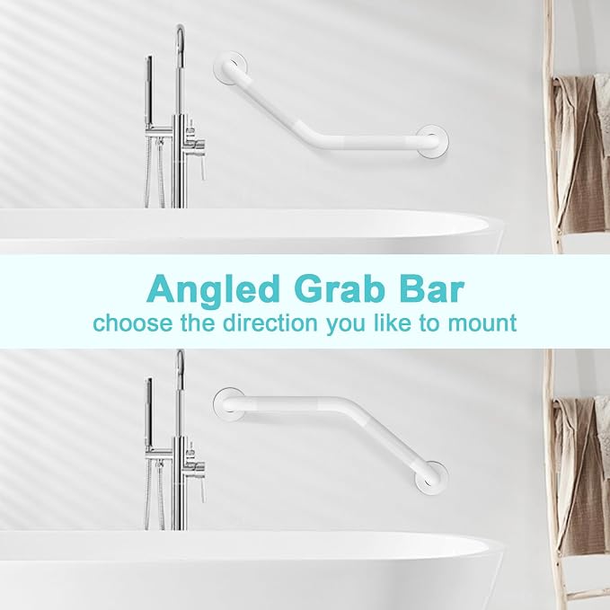 16 Inch Angled Grab Bar 2 Pack, ZUEXT Anti Slip White Shower Grab Bar Handles, Stainless Steel Knurled Bathroom Balance Bar, Safety Hand Rail Support,Handicap Elderly Injury Senior Assist Bath Handle