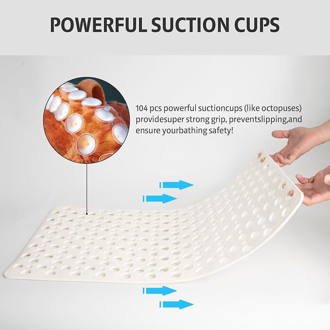 XIYUNTE Shower Mat Non Slip Bath Mat for Tub - 28" x 15" Soft TPE Bathtub Mat Non Slip Shower Mats for Inside Shower, Anti Slip Shower Mat with Suction Cups, Quick-Drying Bath Tub Mat, White
