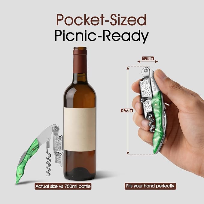 GOBETTER Wine Opener, Professional Corkscrews for Wine Bottles Cap Remover, Manual Wine Key for Home Use, Servers, Waiters Bartenders and Wine Lovers, Green Resin