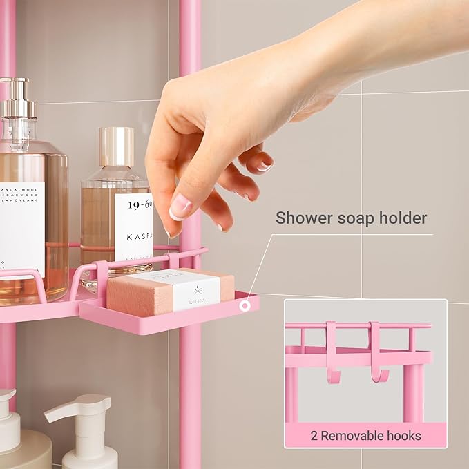 ELYKEN Corner Shower Caddy Standing, 4 Tier Rustproof Metal Shower Organizer with Soap Holder, Floor Shower Corner Shelf Rack Storage Stands with Adjustable Feet & 2 Hooks for Bathroom, Pink