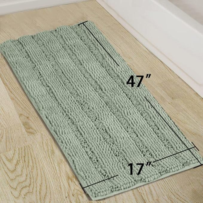 Turquoize Sage Green Bathroom Rugs Runner Extra Long 47 x 17 Large Bath Mat Plush Shaggy Chenille Bathroom Rug Non-Slip Bath Rug Runner Extra Soft & Absorbent Thick Floor Mats, Machine Washable, Sage