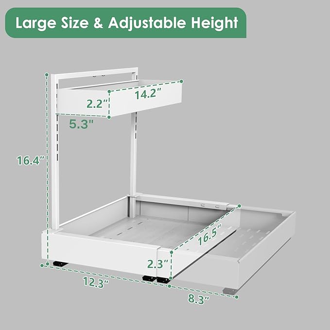 REALINN L-Shaped Under Sink Organizer with 6-Level Height Adjustment & Expandable Width, Pull-Out Cabinet Storage Rack with Quiet Sliding Rails for Kitchen, Bathroom, Laundry Room Cabinets, White