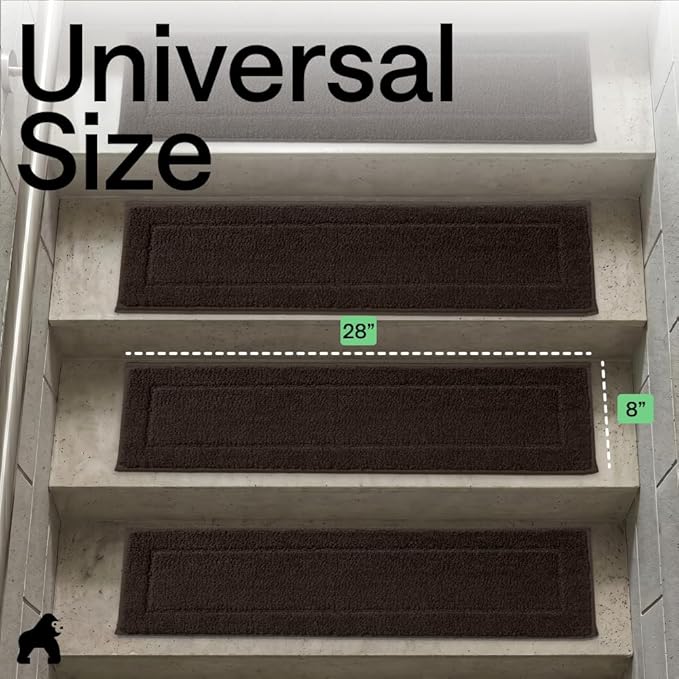 GORILLA GRIP Peel and Stick Stair Treads for Wooden Steps, Multi-Surface Use, Machine Washable Carpet Runners, Indoor Rugs for Stairs, Pet Friendly, Universal Size, 4 Pack Brown, 8x28 Inches