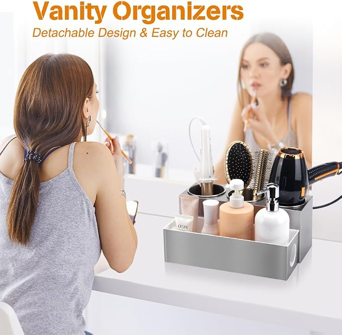GFWARE Hair Tool Organizer - Bathroom Vanity Organizers and Storage, Hair Styling Accessories Hot Tools Organizer Hair Dryer, Blow Dryer, Curling Iron, Flat Iron, Hair Straightener, Silver