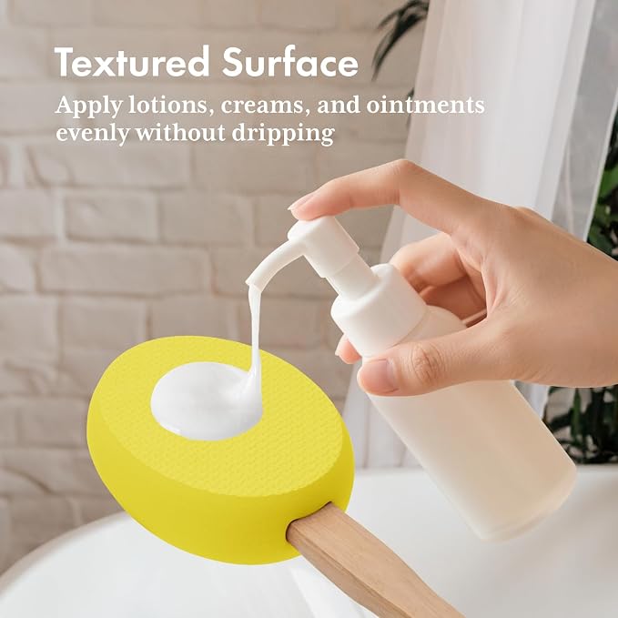 AmazerBath Lotion Applicator for Back, Feet, 4 Replacement Pads with 17" Curved Handle, Back Sunscreen Applicator for Kids, Elderly, Women, Apply Skin Cream Medicine Moisturizer Tanner, Lemon Yellow