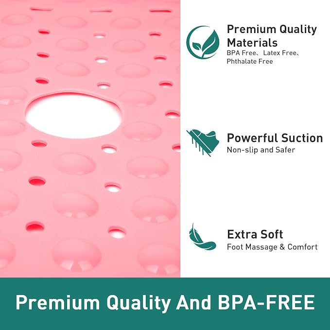 Large Square Shower Mat 27 x 27 Inch Pink, Non Slip Shower Bathtub Mats for Inside Shower with Big Suction Cups Drain Holes, Anti Slip Bathroom Floor Shower Stall Mats, Easy Clean, BPA-Free