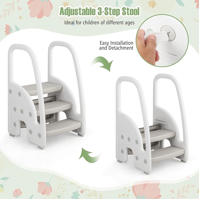 Costzon 3-Step Stool for Toddlers, Children Step Up Leaning Helper with Safety Handles, Non-Slip Pedals, Kids Standing Tower for Kitchen Counter, Bathroom Sink, Toilet Potty Training (Grey)