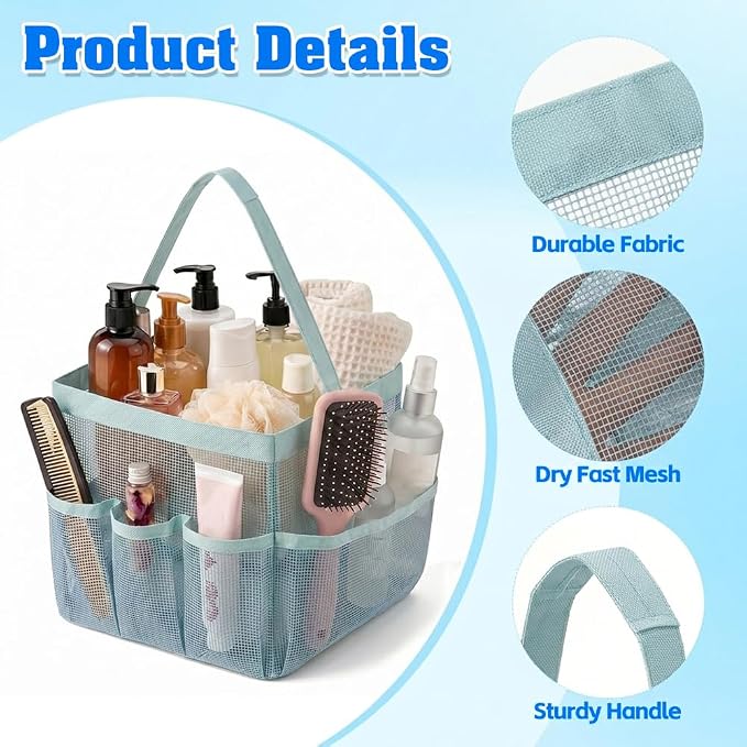 Mesh Shower Caddy Portable for College Dorm Room Essentials, Large Capacity Shower Caddy Dorm Bag with 9-Pockets, Quick-Dry Toiletry Organizer for Gym Beach Camping Travel Bathroom, Blue