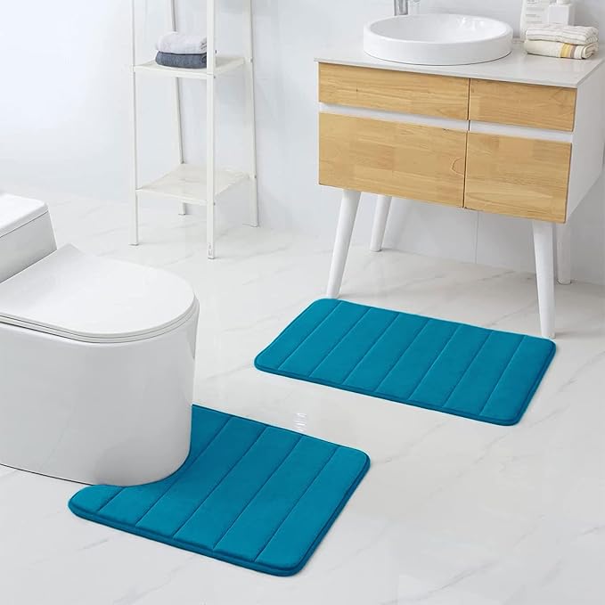 Buganda Memory Foam U-Shaped Contour Toilet Rugs, Non Slip Absorbent, Thick Soft Washable Bathroom Mat, Floor Carpet Bath Rugs Mat for Toilet Base (20" x 20", Peacock Blue)