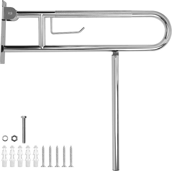 Handicap Grab Bar,29.5 Inch Stainless Steel 1.25" Diameter Toilet Safety Rails for Bathroom with Paper Holder, Anti-Slip Flip-Up Support Rail for Seniors Elderly