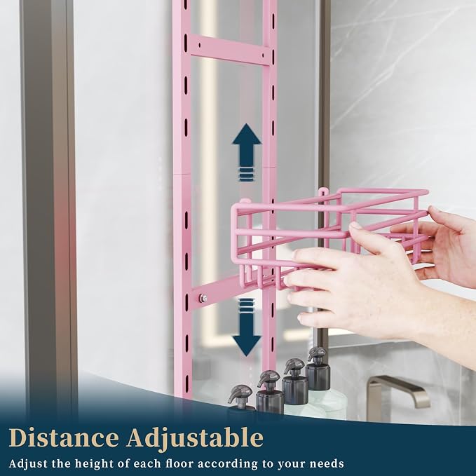 Consumest Over The Door Shower Caddy - 5 Tier Adjustable Shower Organizer Hanging with 2 Toothbrush Holders & 4 Hooks, Rustproof Organizer Shelf, Storage Rack for Bathroom, Pink