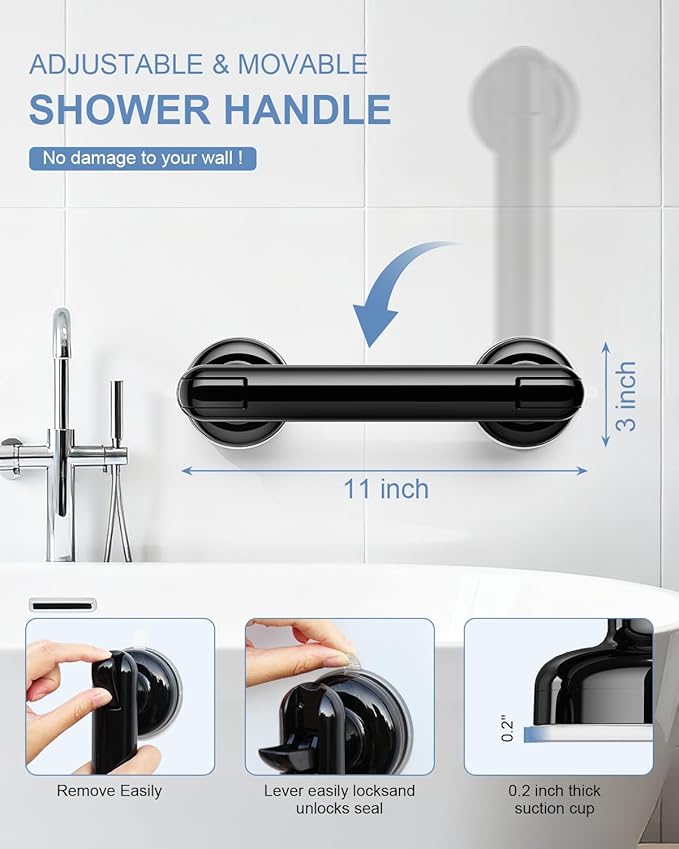 JOTPE 1-Pack Grab Bars for Bathtubs and Showers, No Drilling & Removable Shower Grab Bar Easy to Install, Heavy Duty Suction Grab Bars for Shower, Safety Shower Handle for Balance (11 inch)