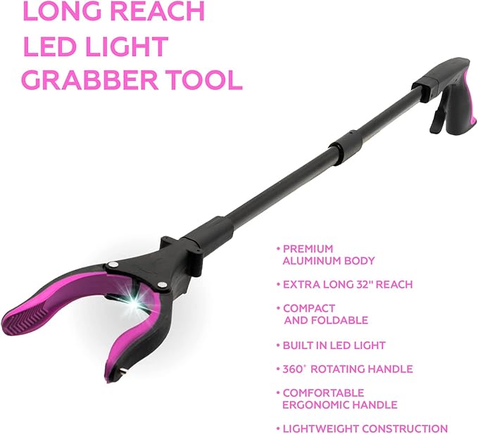 Grabber Reacher Tool-Long 32 Inch Aluminum Foldable Pick Up Stick-Strong Grip Shelves LED Light Magnetic Tip, Lightweight Trash Picker Claw Reacher Grabber Tool for Elderly - by Luxet (32 Inch, Pink)