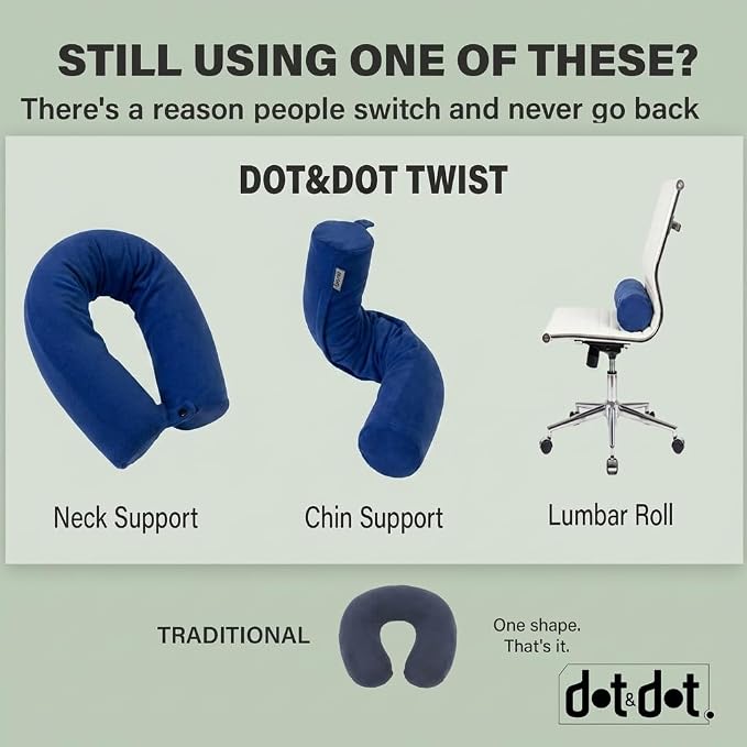 Dot&Dot Twist Memory Foam Travel Pillow for Airplanes - Travel Neck Pillow for Sleeping - Airplane Pillow for Neck Support - Adjustable, Bendable Neck Roll Pillow (Sapphire, One Size)