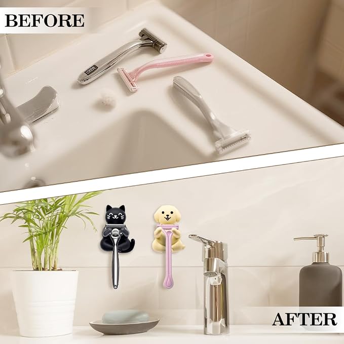 Cute Cat and Dog Waterproof Self-Adhesive Shower Hook Set, Black Cat and Yellow Dog Razor Holder Bathroom Accessories for Men Women Animal Lover, Animal Lover Bathroom Decor Gifts for Women Men