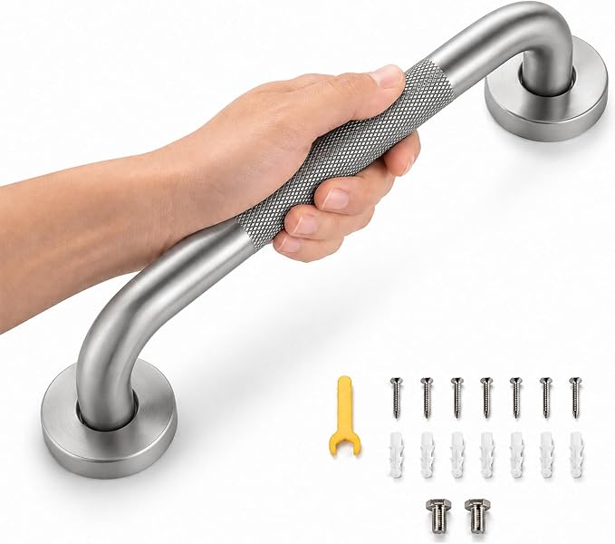 12 Inch Shower Grab Bar, Brushed Nickel Anti-Slip Bathroom Grab Bar with Knurled Grip, Stainless Steel Safety Handrail for Toilet Bathtub, Shower Handle Handicap Bars for Senior,Elderly,Pregnant