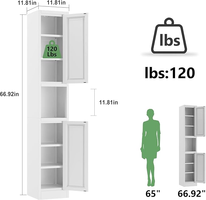 Ckzbx Tall Narrow Storage Cabinet 66.93" H Tall Bathroom Cabinets Metal Pantry Cabinet, 4 Adjustable Shelves for Kitchen, Home Office, Living Room, Dinning Room (12 inches Wide White)