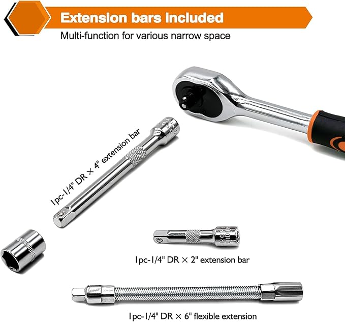 Egofine 46 Pieces 1/4 inch Drive Socket Ratchet Wrench Set, with Bit Socket Set Metric and Extension Bar for Auto Repairing and Household, with Orange Storage Case