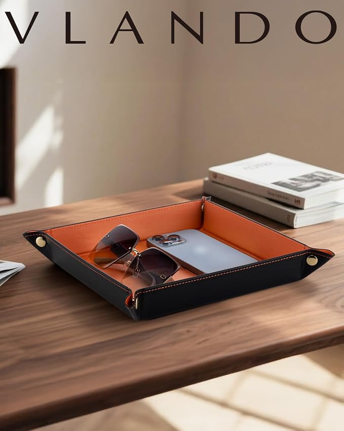 VLANDO Valet Tray for Men Women, Vanity Trays Catchall Tray for Dresser Top Desk Storage Bedside, Travel PU Leather Tray Jewelry Key Phone Coin Change Watches and Candy Holder Sundries Entryway Tray