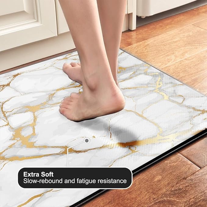 Mrcrypos Gold White Kitchen Rugs Cushioned Anti Fatigue Marble Kitchen Runner Rug PVC Waterproof Leather Long Kitchen Rug Non Slip Floor Comfort Mat for Kitchen Sink Laundry Office 23.5" W x 70" L
