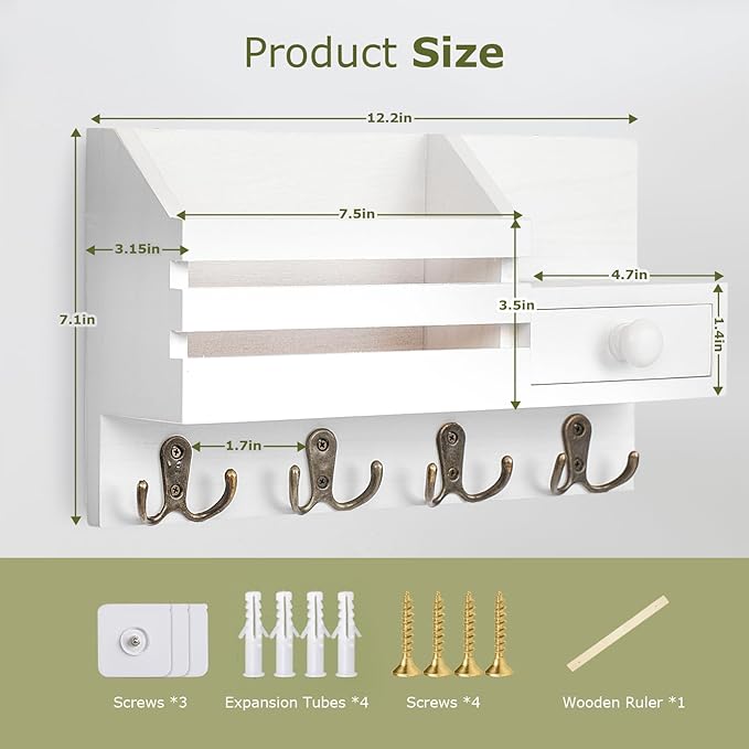 Key Holder Wall Mount, Wooden Adhesive Mail and Key Organizer with Drawer, Small Shelf, 8 Hooks, 2 Installation Methods, White