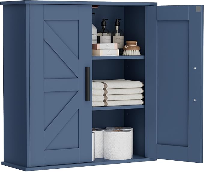 Homleke Bathroom Wall Cabinet, Over Toilet Storage Cabinet with Barn Doors and Adjustable Shelves, 3-Tier Medicine Cabinet Wall Mounted, for Bathroom, Kitchen, Entryway, Laundry Room, Blue, (7.9" D)