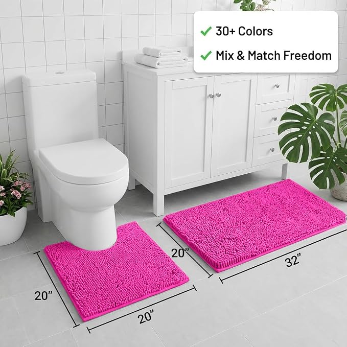 Bathroom Rugs Sets 2 Piece,Super Absorbent Chenille Bath Mats and U-Shaped Toilet Rug,Strong PVC Non Slip Backing,Microfiber Washable Dry Quickly Bath Mats for Bathroom(20"x32"+20"x20"U,Hot Pink)