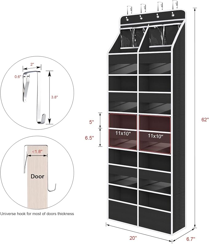 Univivi 6-Shelf Over Door Hanging Organizer Fabric Door Storage for Baby Nursery Nursery Closet Cabinet Wall Mount Hanging Storage Organizers with 10 Deep Pockets and 4 Small PVC Pockets(Black)